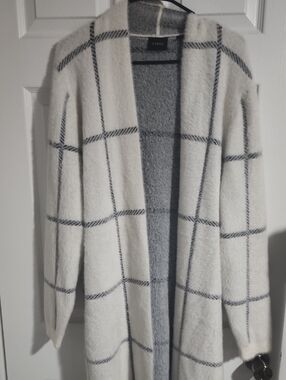 Cyrus Ivory Open-Front Windowpane Cardigan with Gray Check